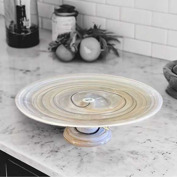 Southern Living Dilllard’s Multi Neutral Color Swirl Glass Cake Stand Pedestal - Picture 1 of 16